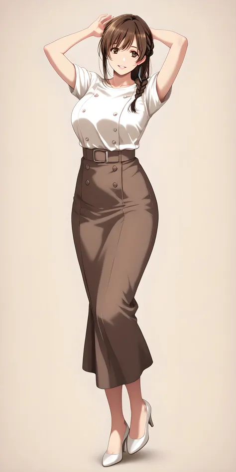 masterpiece, Newest, high contrast, very beautiful, vivid, mature woman, Tachibana Hina\(domestic no kanojo\), Straight Hair, Hair loss, medium breasted, white short sleeve shirt, dark brown braided long skirt, cream high heels, full body, parted lips, smi...