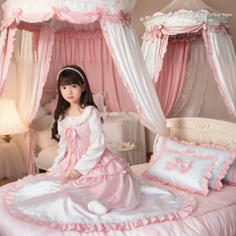 japanese little girl,frilled dress,canopy bed,on the bed,model photo shoot,