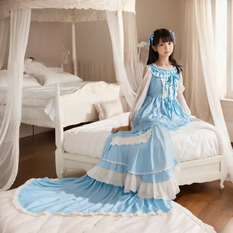 japanese little girl,frilled dress,canopy bed,on the bed,model photo shoot,