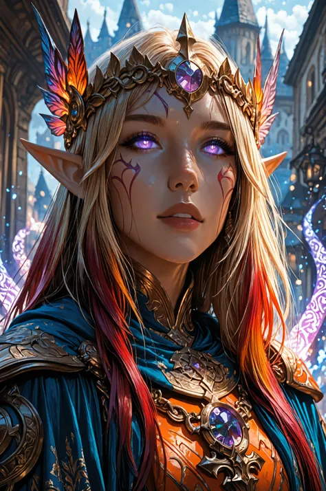 aidmaMJ6.1, a close up portrait of a female elf (intense details, Masterpiece, best quality) fantasy cleric, fantasy celestial guardian, armed with a holy symbol, shinning holy symbol, metallic shine, epic beautiful femlae elf, blond hair with red highligh...