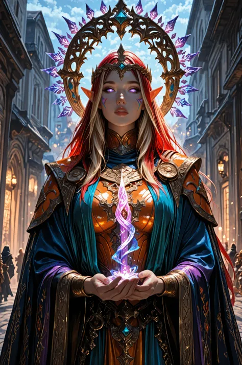 aidmaMJ6.1, a portrait of a female elf (intense details, Masterpiece, best quality) fantasy cleric, fantasy celestial guardian, armed with a holy symbol, shinning holy symbol, metallic shine, epic beautiful femlae elf, blond hair with red highlights , rich...