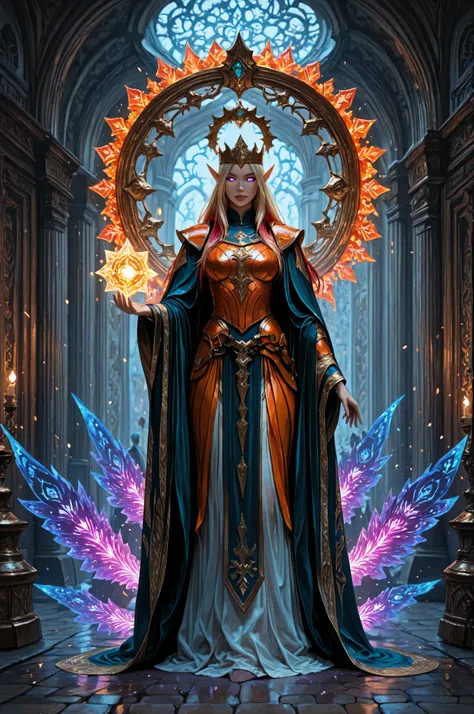 aidmaMJ6.1, a portrait of a female elf (intense details, Masterpiece, best quality) fantasy cleric, fantasy celestial guardian, armed with a holy symbol, shinning holy symbol, metallic shine, epic beautiful femlae elf, blond hair with red highlights , rich...
