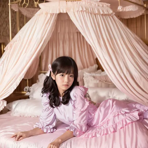 Japanese girl,ruffle dress,Canopy Bed,on the bed,model photography,