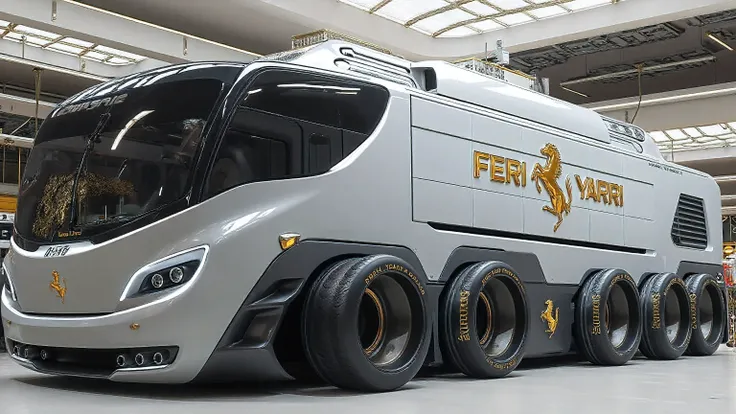 DE_style, A futuristic ultra-luxury Ferrari motorhome concept, designed like a massive armored super-truck with a sleek aerodynamic front, curved edges, and a huge black panoramic windshield, featuring slim LED headlights, three circular lights on the bump...
