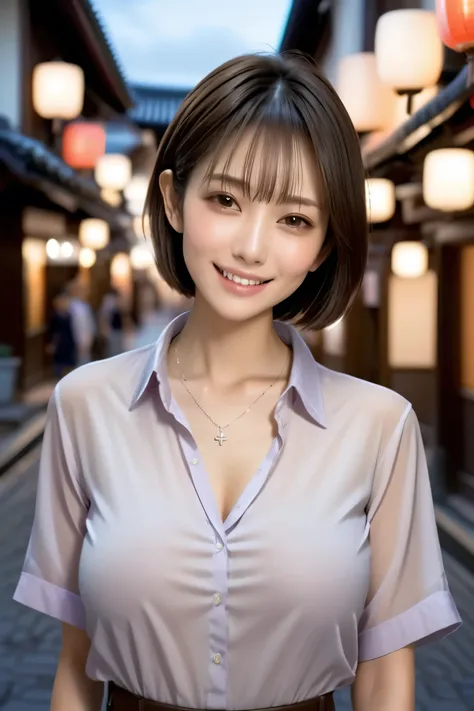 (masterpiece, best quality, photorealistic, 8k, ultra-detailed),
Full-body view of a beautiful Japanese woman from mid-thigh up (cowboy shot), with natural makeup, dark brown eyes, defined double eyelids, long silky eyelashes, and a confident alluring grin...