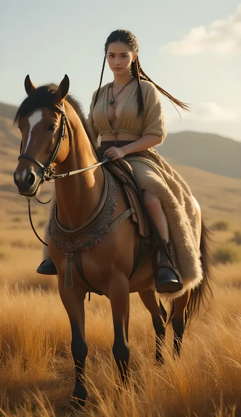 Ancient prehistoric age era, 
Stone civilization age era, 

((Realistic cinematography ultra wide depth intense stunning savana nature angle of scenery)),,the detailed of an Eurasian female herder riding a realistic horse,an intricately horse,,(within dens...