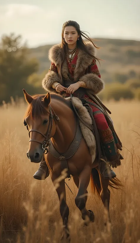 Ancient prehistoric age era, 
Stone civilization age era, 

((Realistic cinematography ultra wide depth intense stunning savana nature angle of scenery)),,the detailed of an Eurasian female herder riding a realistic horse,an intricately horse,,(within dens...