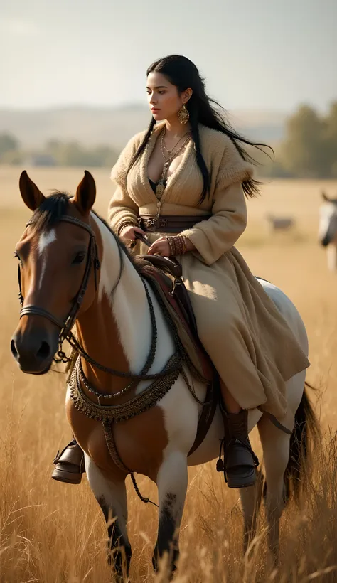 Ancient prehistoric age era, 
Stone civilization age era, 

((Realistic cinematography ultra wide depth intense stunning savana nature angle of scenery)),,the detailed of an Eurasian female herder riding a realistic horse,an intricately horse,,(within dens...