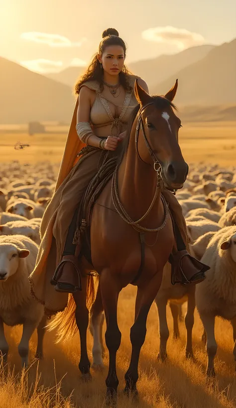 Ancient prehistoric age era, 
Stone civilization age era, 

((Realistic cinematography ultra wide depth intense stunning lots of realistically ultra-detailed sheeps herd angle of scenery)),,the detailed of an Eurasian female herder riding a realistic horse...