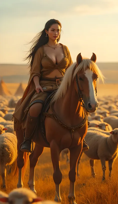 Ancient prehistoric age era, 
Stone civilization age era, 

((Realistic cinematography ultra wide depth intense stunning lots of realistically ultra-detailed sheeps herd angle of scenery)),,the detailed of an Eurasian female herder riding a realistic horse...