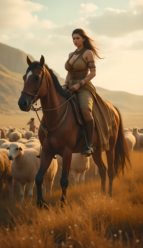 Ancient prehistoric age era, 
Stone civilization age era, 

((Realistic cinematography ultra wide depth intense stunning lots of realistically ultra-detailed sheeps herd angle of scenery)),,the detailed of an Eurasian female herder riding a realistic horse...