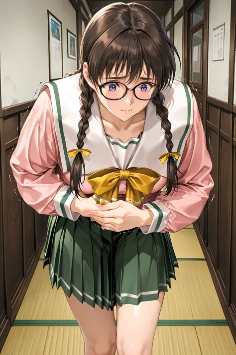 shiho, brown hair, purple eyes, glasses, twin braids, serafuku, yellow bow, pink shirt, pleated skirt, green skirt,General, masterpiece, highres, ultra-detailed, hyper-detailed, best quality, amazing quality, very aesthetic, best hands, best eyes, best ha...