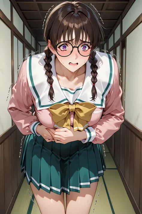 shiho, glasses, brown hair, twin braids, serafuku, pleated skirt,General, masterpiece, highres, ultra-detailed, hyper-detailed, best quality, amazing quality, very aesthetic, best hands, best eyes, best hand, purple eyes
adult woman, 1girl, hand on own st...