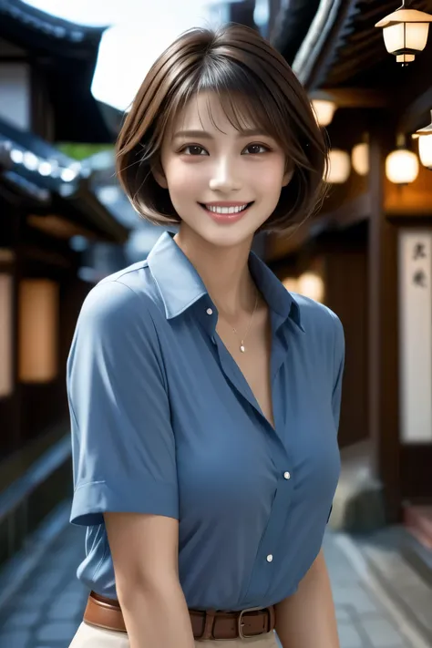 (masterpiece, best quality, photorealistic, 8k, ultra-detailed),
Full-body view of a beautiful woman from mid-thigh up (cowboy shot), with natural makeup, dark brown eyes, defined double eyelids, long silky eyelashes, and a confident alluring grin showing ...