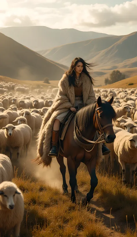Ancient prehistoric age era, 
Stone civilization age era, 

((Realistic cinematography ultra wide depth intense stunning lots of realistically ultra-detailed sheeps herd angle of scenery)),,the detailed of an Eurasian female herder riding a realistic horse...