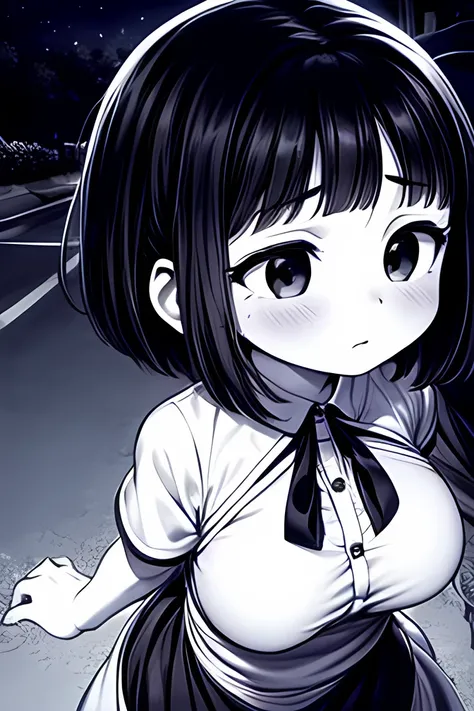 ((( Line art ))),((( monochrome:1.1))),1girl,(((solo))),(((ideal ratio body proportions))),iris , Dark Eyes ,( small eyes ),(Slanted Eyes) ,(half closed eyes),(closed mouth ),(((black hair))),( short bob hair ),bangs ,(((Sweet sorrow:1.3))),embarrassed ,((...