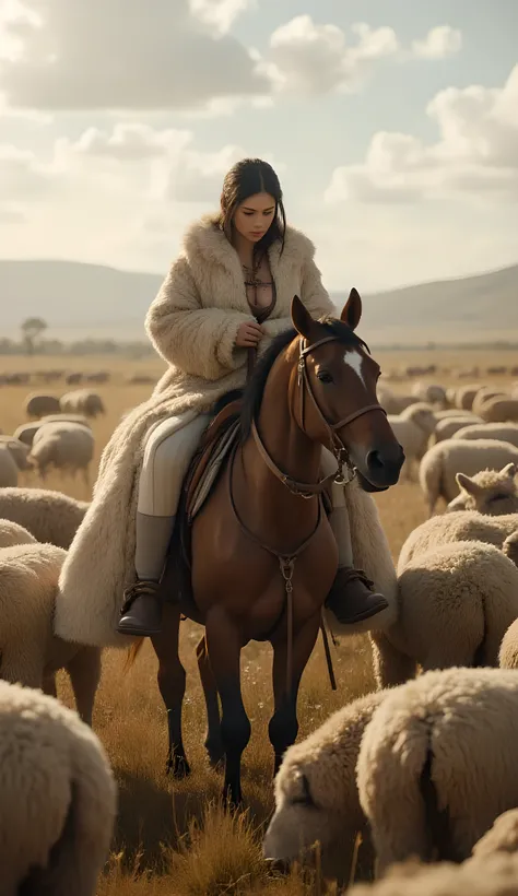 Ancient prehistoric age era, 
Stone civilization age era, 

((Realistic cinematography ultra wide depth intense stunning lots of realistically ultra-detailed sheeps herd angle of scenery)),,the detailed of an Eurasian female herder riding a realistic horse...