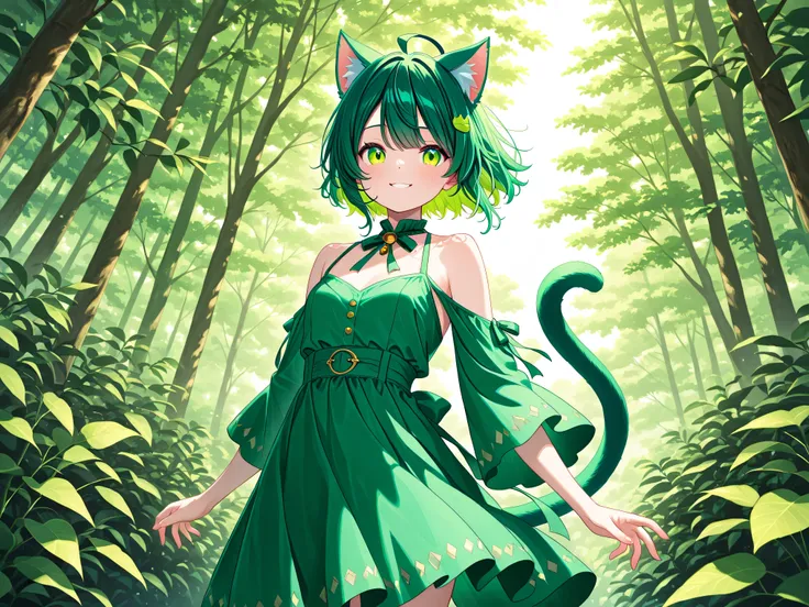one girl、Cat ears、cat tail、personification of a cat、 green hair、SHORT HAIR、Smile Yan、Parks、nature、Hinata、relaxed、4K、HDR、exquisite texture、vivid colors、Professional