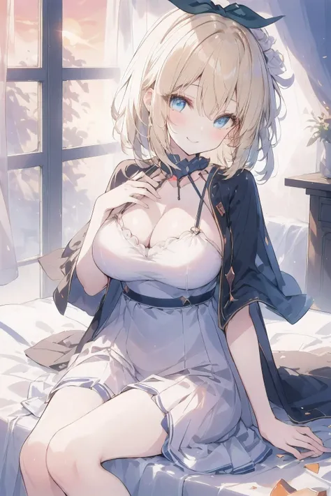 best quality, master piece, Rumia Tingel, black dress,  lens flare, sparkle, reflection light, legs, smile, sexy, not big chest, Enchanted face, cute face, blonde hair, blue eyes, transparent eyes, night, sunset, beautiful legs, simple composition, long sk...