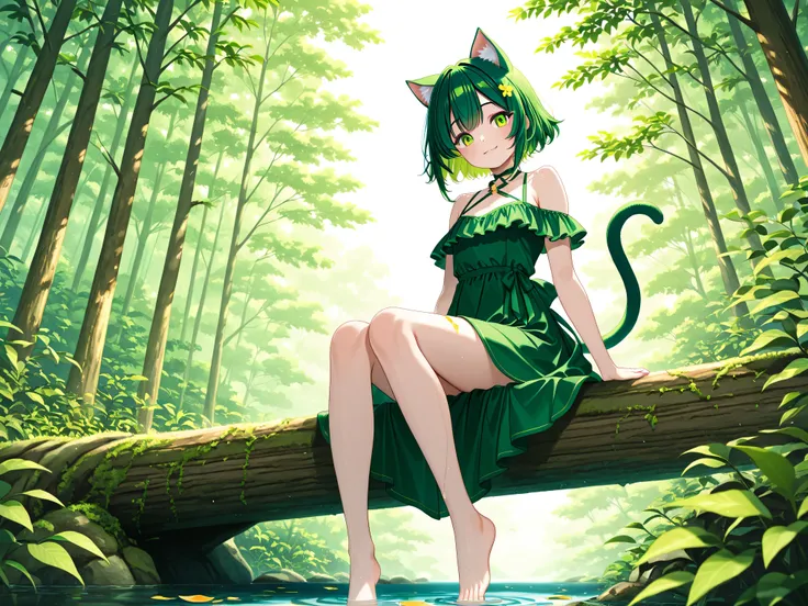 one girl、Cat ears、cat tail、personification of a cat、 green hair、SHORT HAIR、Smile Yan、Parks、nature、Hinata、relaxed、4K、HDR、exquisite texture、vivid colors、Professional