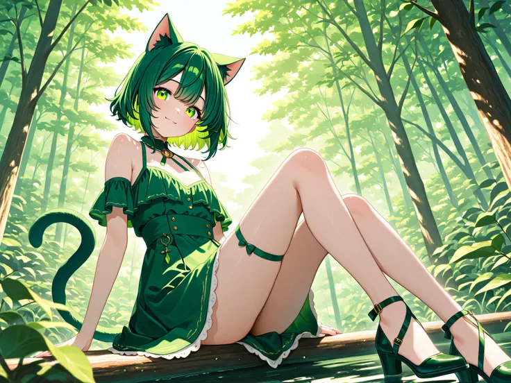 one girl、Cat ears、cat tail、personification of a cat、 green hair、SHORT HAIR、Smile Yan、Parks、nature、Hinata、relaxed、4K、HDR、exquisite texture、vivid colors、Professional
