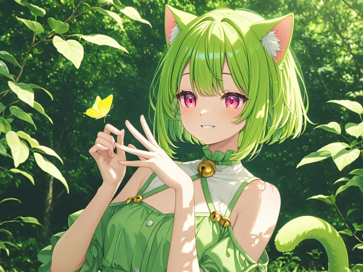 one girl、Cat ears、cat tail、personification of a cat、 green hair、SHORT HAIR、Smile Yan、Parks、nature、Hinata、relaxed、4K、HDR、exquisite texture、vivid colors、Professional