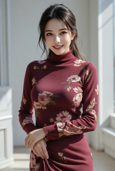 A sophisticated Japanese woman in her late 40s, wrapped in a floral wine red turtleneck knit with cashmere-like softness. The premium knit fabric elegantly embraces her voluptuous yet refined bust, creating smooth curves from the stylish high neck to the h...