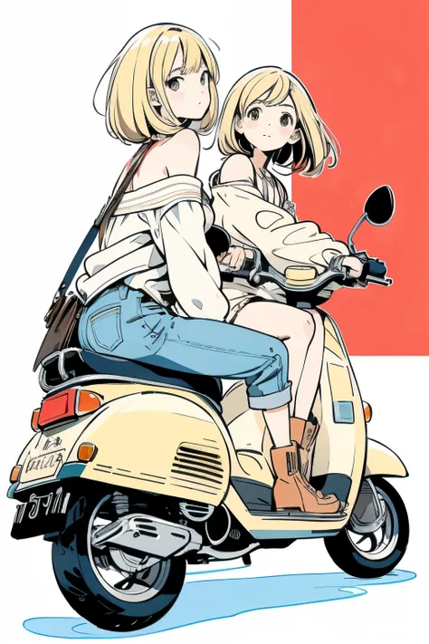 beautiful anime style illustration 、Blonde woman is sitting on a scooter , woman is wearing a white off-the-shoulder top , denim shorts and brown engineer boots. The illustration is simple and clean  . The overall color scheme is soft , creates a warm atmo...