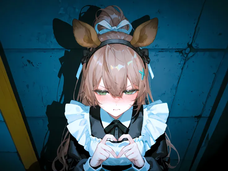 heart hand gesture,blush,senpai，yiwujiu,(green eyes,delicate eyebrows，Thin eyebrows,Grumpy,),(light-brown hair,long hair,high ponytail:1.2,single ponytail),(animal band,Shikamimi,deer ears band,deer ears fur)，(black maid dress,long sleeves),highres,absurdr...