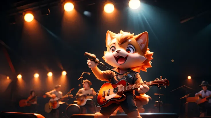 cute dog illustration、Band dog singing on stage