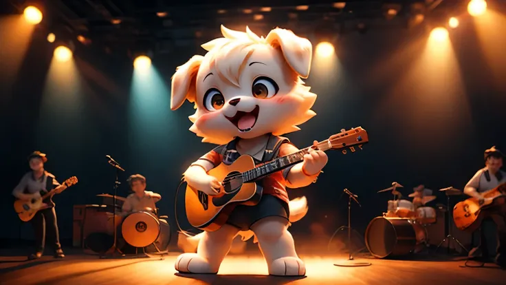 cute dog illustration、Band dog singing on stage