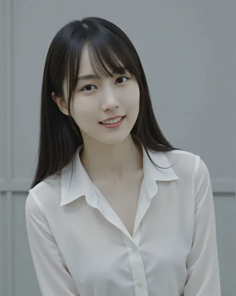 Dimly Lit Grey Wall, Horror Theme Lighting, Horror Cinematic Lighting, Face Straight Forward, Face Directly Forward, Serious Expression, Both Arms and Hands Keep Straight Down, Thin and Skinny Arms, Skinny Shoulders, Do Not Show Hands, Closed Mouth, Lips S...