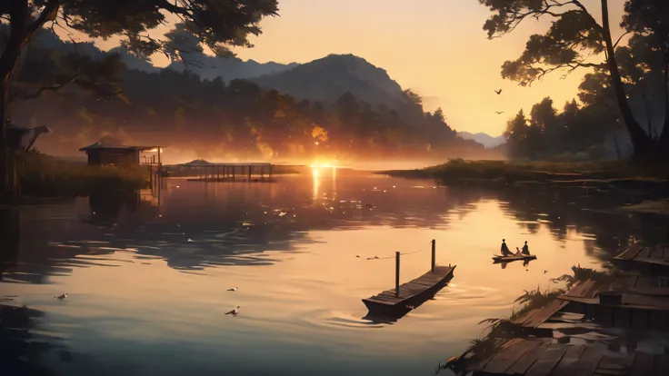 anime scene, beautiful anime background, river at sunset, masterpiece, best quality, ultra-detailed, best illustration, absurdres, detailed background, very aesthetic, orange sky, golden hour, sun reflecting on water, calm flowing river, rippling surface, ...