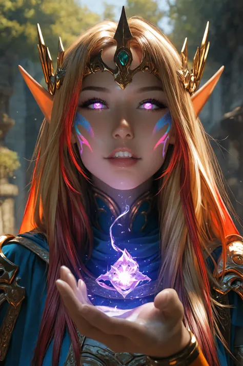 aidmaMJ6.1, a facial portrait of a female elf (intense details, Masterpiece, best quality) fantasy cleric, fantasy celestial guardian, armed with a holy symbol, shinning holy symbol, metallic shine, epic beautiful female elf, blond hair with red highlights...