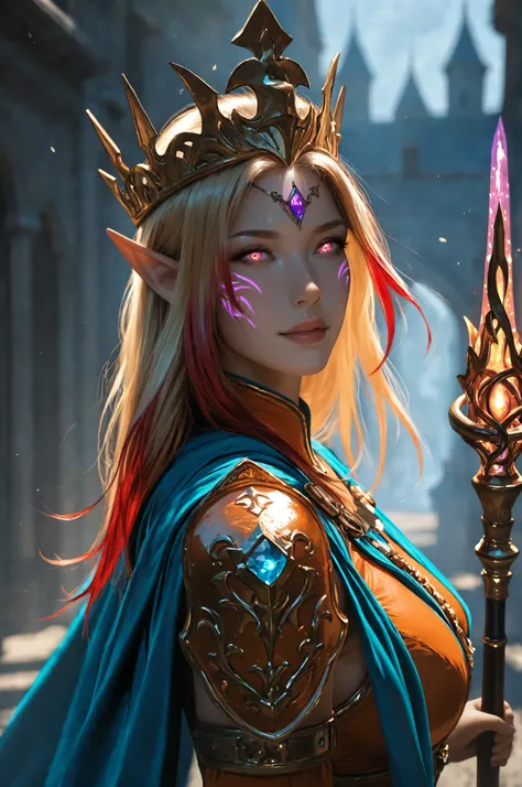aidmaMJ6.1, a facial portrait of a female elf (intense details, Masterpiece, best quality) fantasy cleric, fantasy celestial guardian, armed with a holy symbol, shinning holy symbol, metallic shine, epic beautiful female elf, blond hair with red highlights...