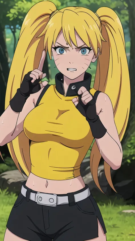 RAW digital art, ultra-realistic 3D render of a stunning woman resembling Naruko from Naruto, ((young woman)), ((highly detailed face:1.3)), ((perfectly portioned body, perfect female figure:1.3)), ((skinny, slim waist, narrow hips:1.3)), ((seductive gaze)...