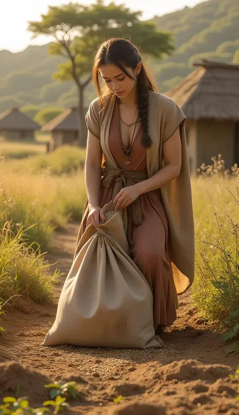 Ancient prehistoric age era, 
Stone age agriculture era, 

((Realistic cinematography ultra wide depth intense realistically ultra-detailed tile soil angle of scenery)),,the detailed of an Eurasian female farming spreading sack of seeds on a fertile soil,n...