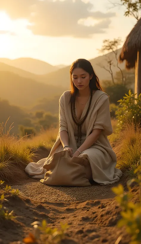 Ancient prehistoric age era, 
Stone age agriculture era, 

((Realistic cinematography ultra wide depth intense realistically ultra-detailed tile soil angle of scenery)),,the detailed of an Eurasian female farming spreading sack of seeds on a fertile soil,n...