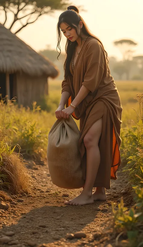 Ancient prehistoric age era, 
Stone age agriculture era, 

((Realistic cinematography ultra wide depth intense realistically ultra-detailed tile soil angle of scenery)),,the detailed of an Eurasian female farming spreading sack of seeds on a fertile soil,n...