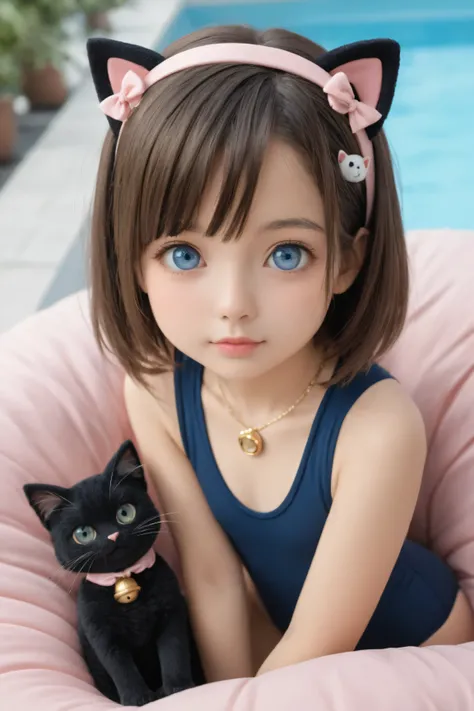 European girl with white skin, 7 anos de idade, child, contemporary manga art, doll-like face, big round blue eyes, small and delicate nose, soft pink lips, long dark brown hair with short bangs and Maria-Chiquinhas, tied with white furry hair clip, wicks ...