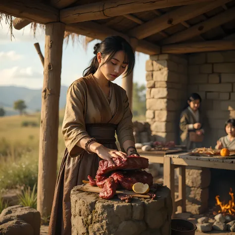 Ancient prehistoric age era, 
Stone civilization age era, 

((Realistic cinematography ultra wide depth intense realistically ultra-detailed inside hut primitive kitchen angle of scenery)),,the detailed of an Eurasian female peasant,cooking realistic big b...