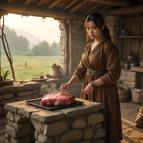Ancient prehistoric age era, 
Stone civilization age era, 

((Realistic cinematography ultra wide depth intense realistically ultra-detailed inside hut primitive kitchen angle of scenery)),,the detailed of an Eurasian female peasant,cooking realistic big b...