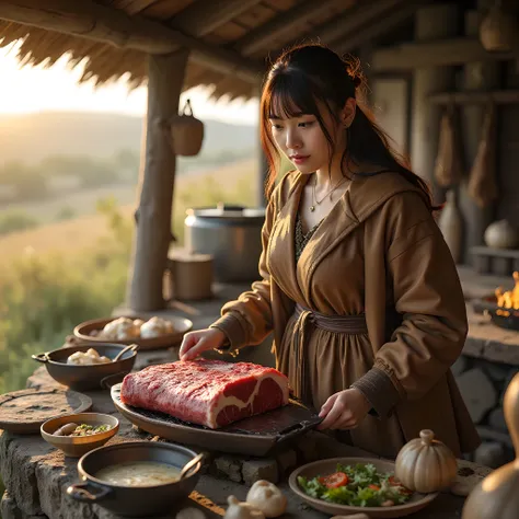 Ancient prehistoric age era, 
Stone civilization age era, 

((Realistic cinematography ultra wide depth intense realistically ultra-detailed inside hut primitive kitchen angle of scenery)),,the detailed of an Eurasian female peasant,cooking realistic big b...