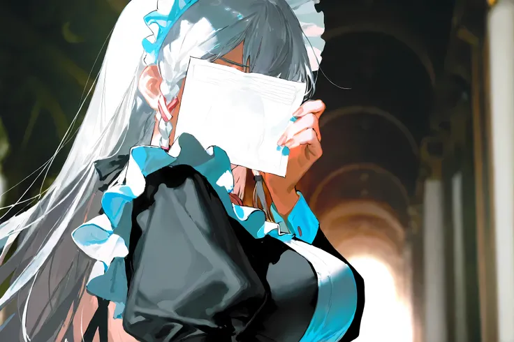 lian:1.3,white hair,(maid dress:white and black),(long hair,braid hair,double braid sidelocks),(one girl:2,solo:2,alone),blush,shy,(big breasts),highres,absurdres,incredibly absurdres,very awa,raw photos,masterpiece,best quality,best quality,amazing qualit...