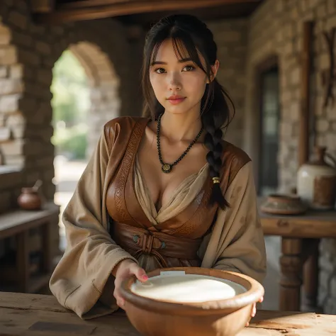 Ancient prehistoric age era, 
Stone civilization age era, 

((Realistic cinematography ultra wide depth intense realistically ultra-detailed inside hut primitive kitchen angle of scenery)),,the detailed of an Eurasian female peasant,drinking a big wooden b...
