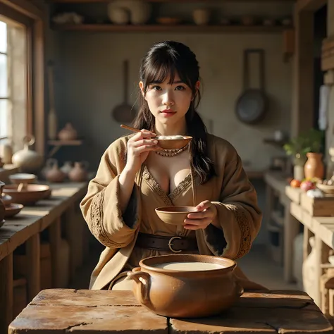 Ancient prehistoric age era, 
Stone civilization age era, 

((Realistic cinematography ultra wide depth intense realistically ultra-detailed inside hut primitive kitchen angle of scenery)),,the detailed of an Eurasian female peasant,drinking a big wooden b...