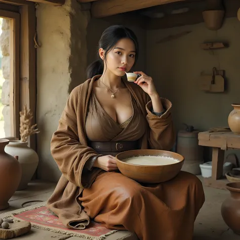 Ancient prehistoric age era, 
Stone civilization age era, 

((Realistic cinematography ultra wide depth intense realistically ultra-detailed inside hut primitive kitchen angle of scenery)),,the detailed of an Eurasian female peasant,drinking a big wooden b...