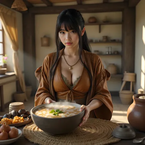 Ancient prehistoric age era, 
Stone civilization age era, 

((Realistic cinematography ultra wide depth intense realistically ultra-detailed inside hut primitive kitchen angle of scenery)),,the detailed of an Eurasian female peasant,drinking a big wooden b...