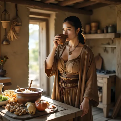 Ancient prehistoric age era, 
Stone civilization age era, 

((Realistic cinematography ultra wide depth intense realistically ultra-detailed inside hut primitive kitchen angle of scenery)),,the detailed of an Eurasian female peasant,drinking a big wooden b...