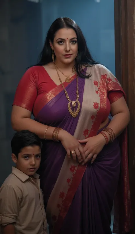 A 40 year Bbw Women where purple braAnd White Bangali saree, show cleavage huge breasts and where mangalsutra sindur and red bindi and hug young boy and see in camera dark red lips